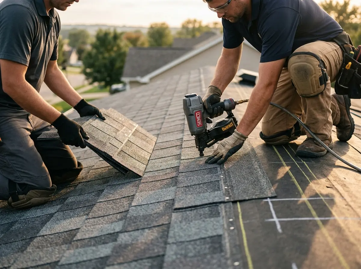 Professional roofer working on a residential roof in Lake St. Louis